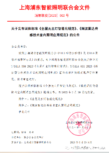 关于发布《全屋无主灯智能化规范》《微波雷达传感技术室内照明应用规范》两个团体标准的公告
